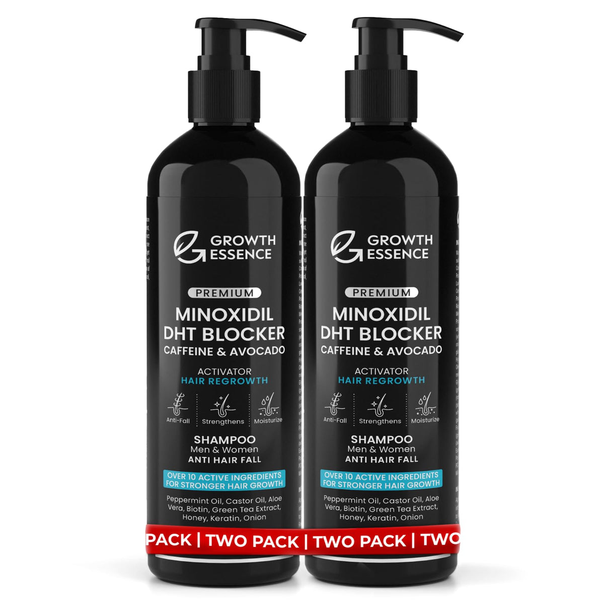 Growth Essence front packaging showing two shampoo bottles and benefits