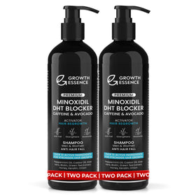 Growth Essence front packaging showing two shampoo bottles and benefits