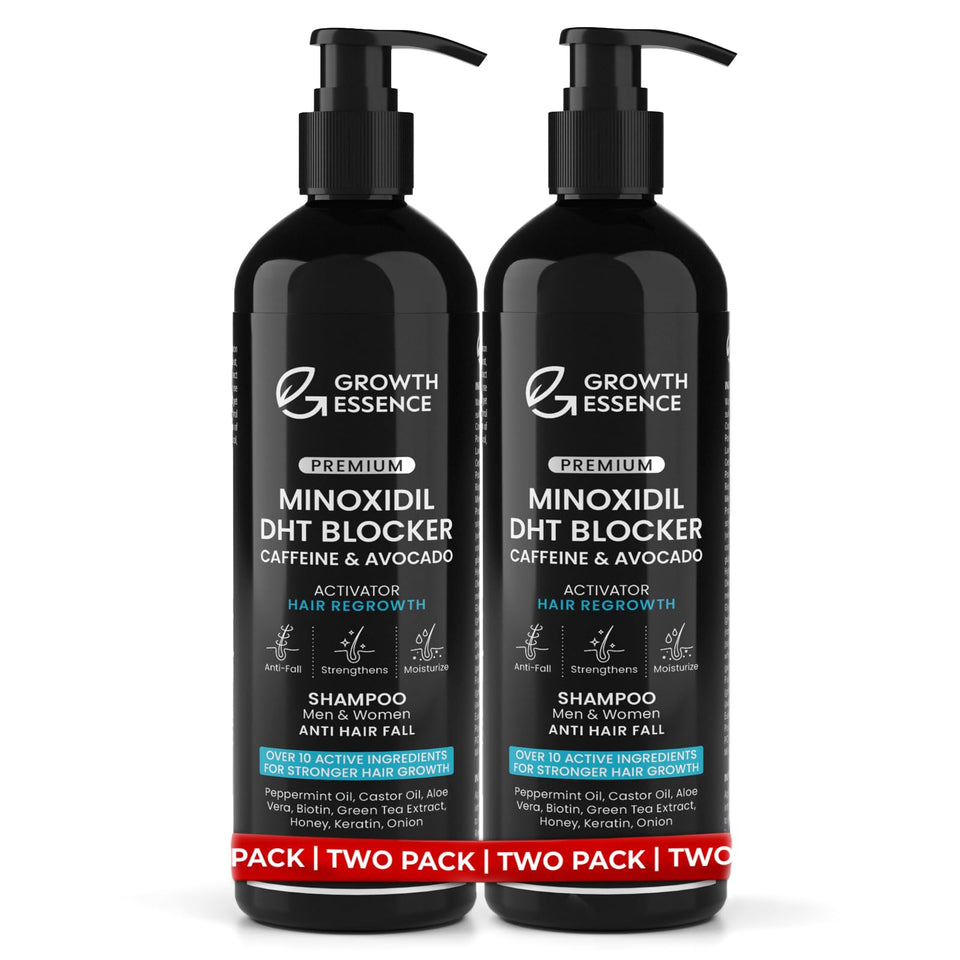 Growth Essence front packaging showing two shampoo bottles and benefits