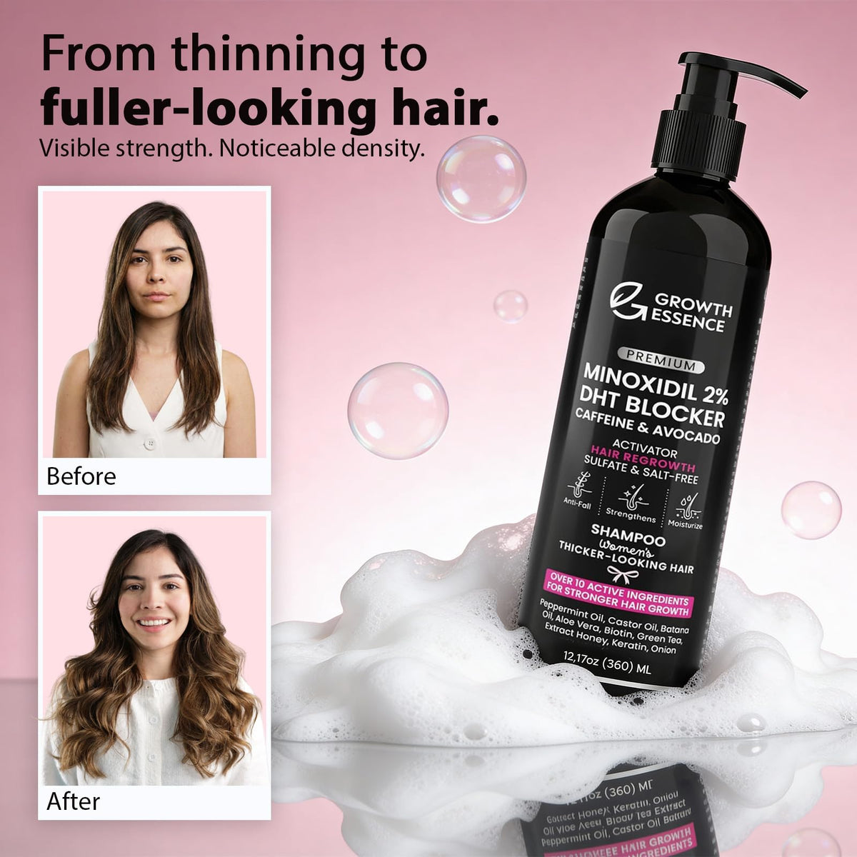 Growth Essence shampoo in use on wet hair illustrating scalp massage and thorough coverage