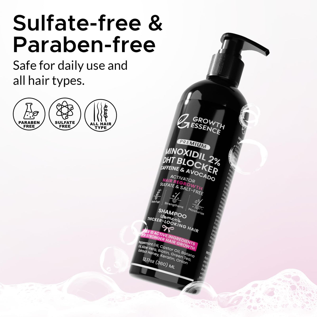 Growth Essence label close-up highlighting active ingredients like 2% minoxidil and biotin