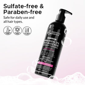 Growth Essence label close-up highlighting active ingredients like 2% minoxidil and biotin