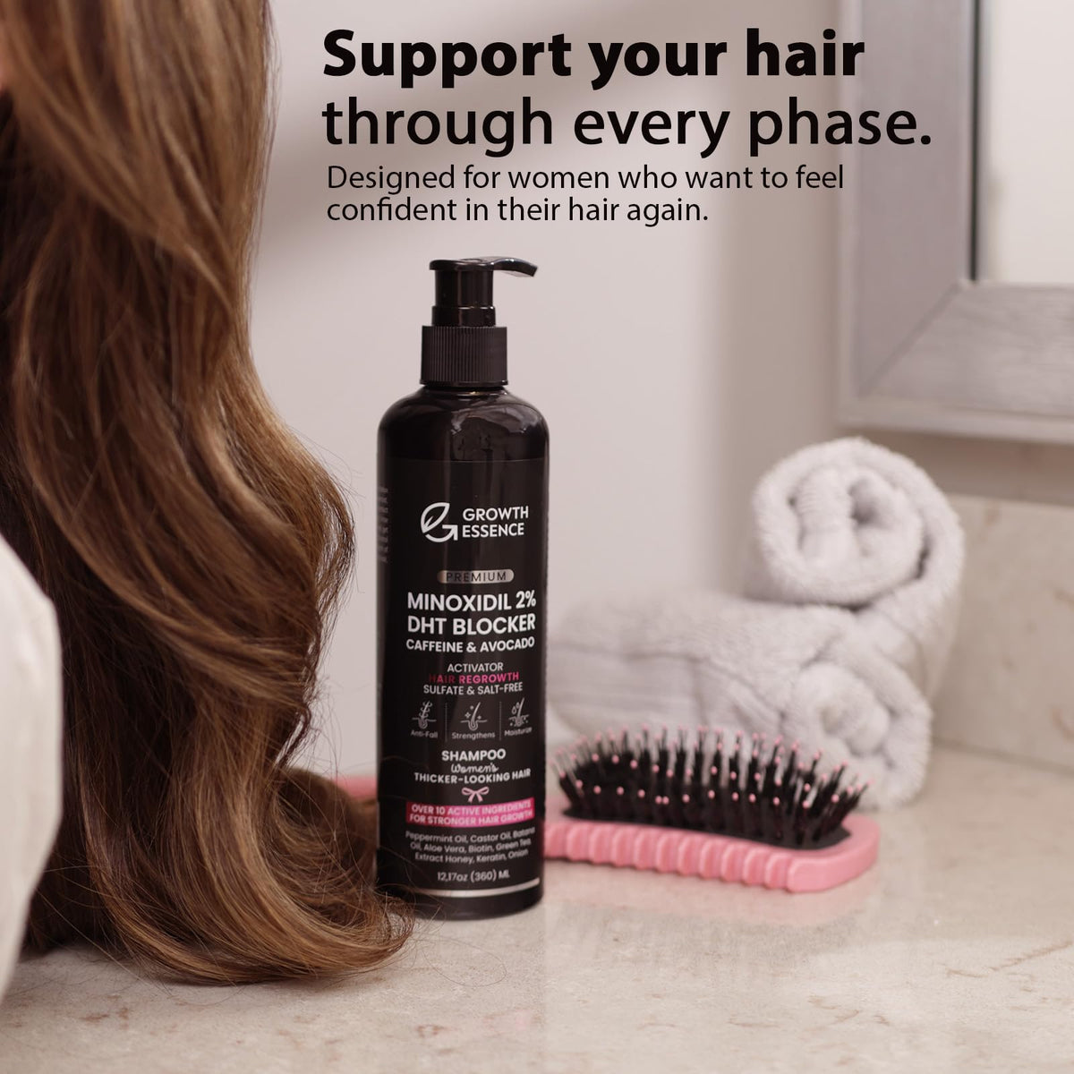 Growth Essence shampoo lather texture demonstrating rich foam and gentle cleansing benefit