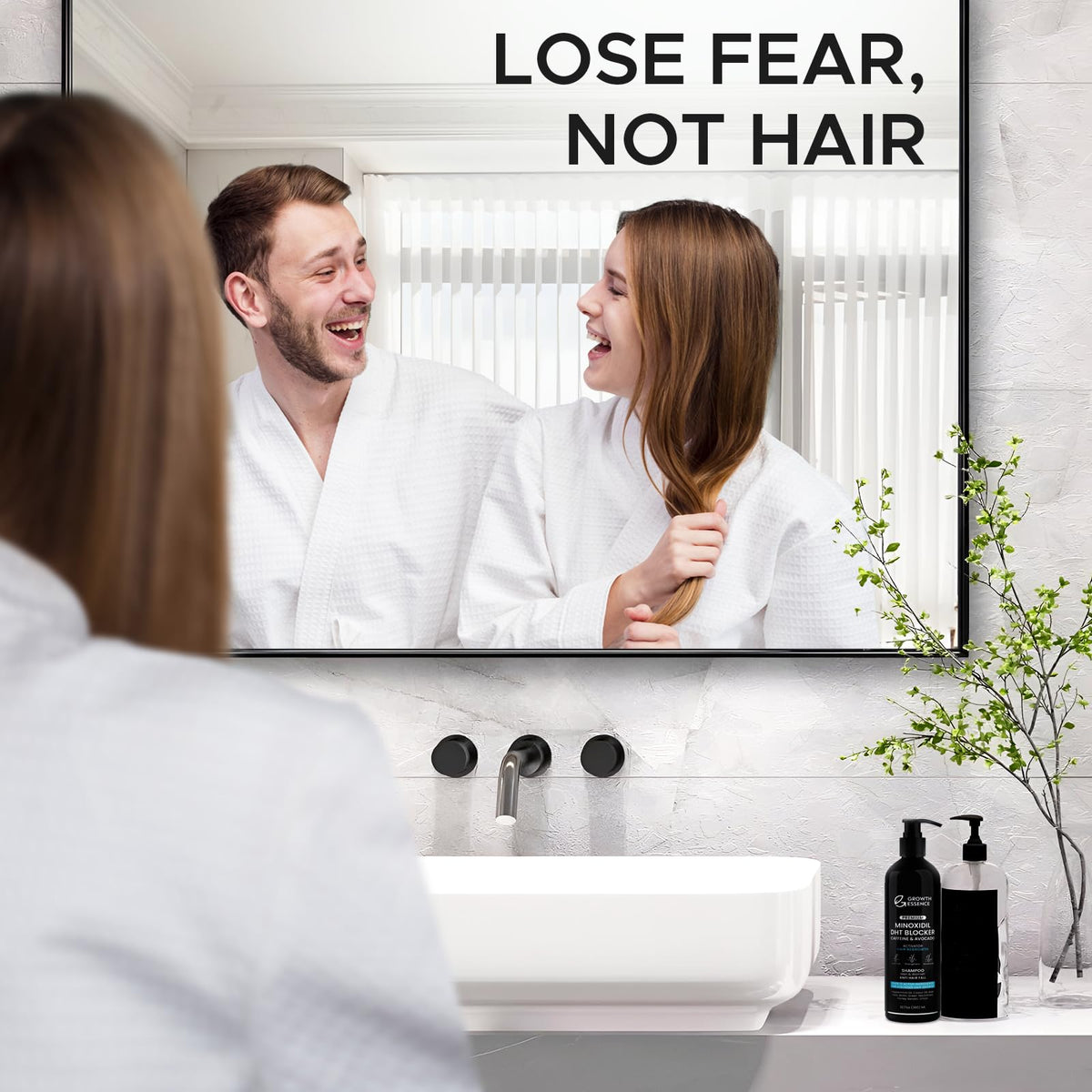 Growth Essence shampoo being applied in shower for improved scalp care