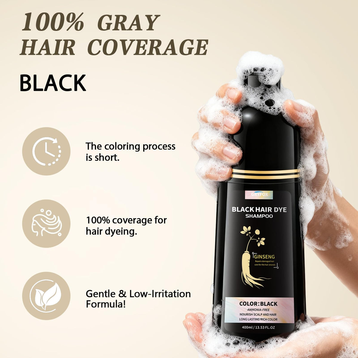GRYFOX split before and after image illustrating natural black color result benefit