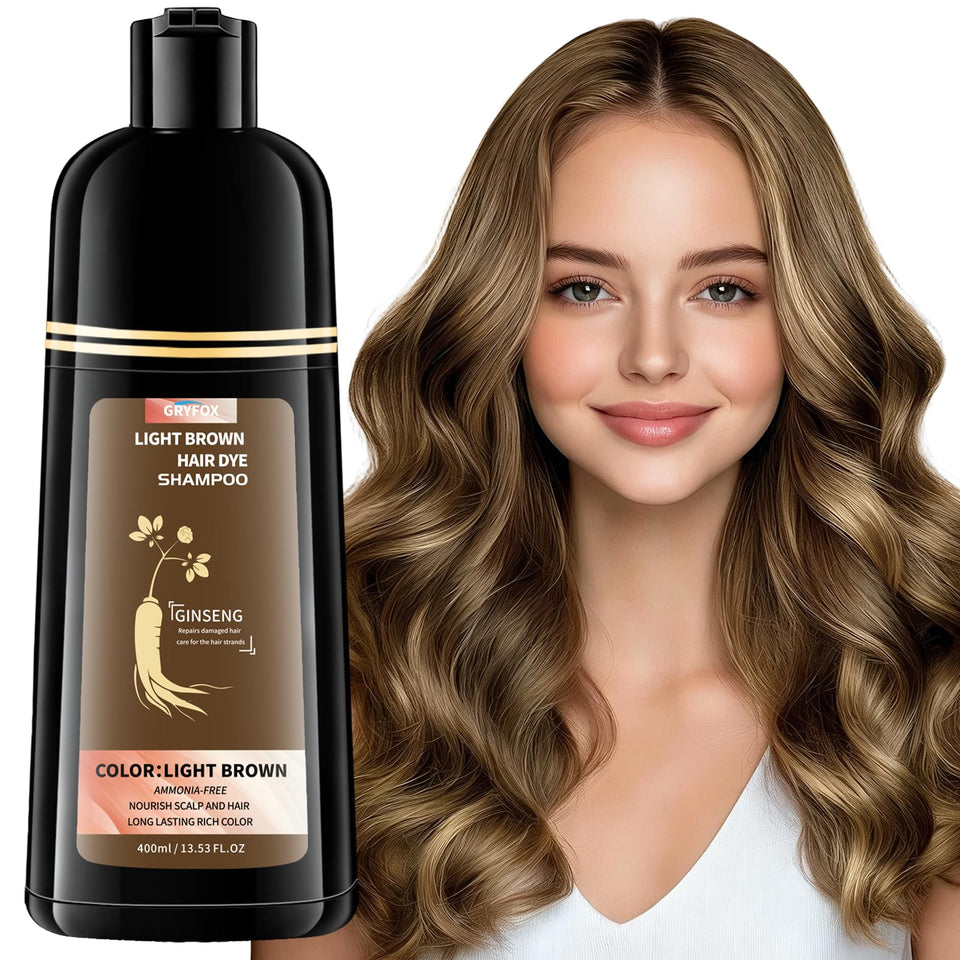 GRYFOX front packaging of light brown hair dye shampoo showing bottle and label benefits