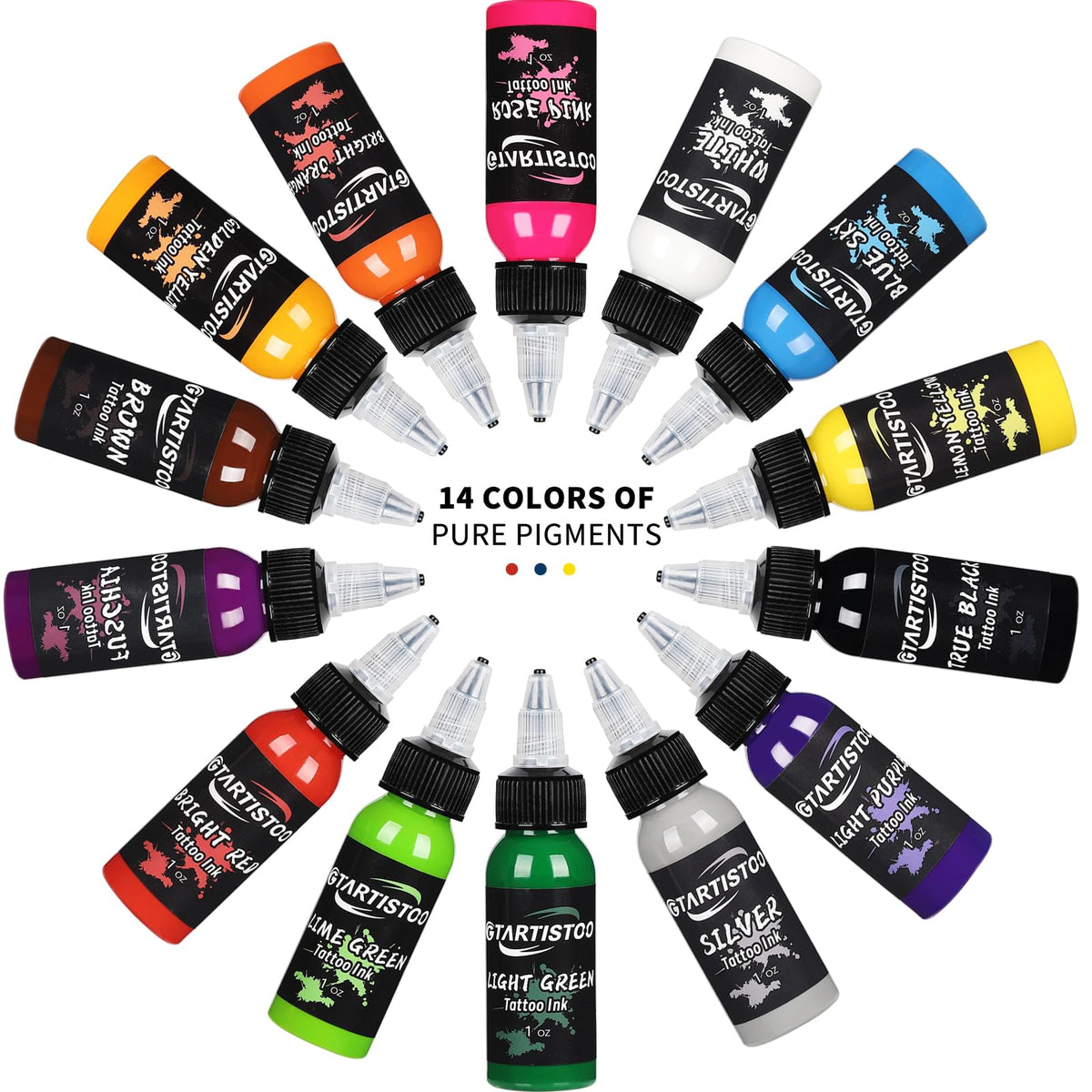GTARTISTOO bottles lined up for size reference and storage benefit: studio organization
