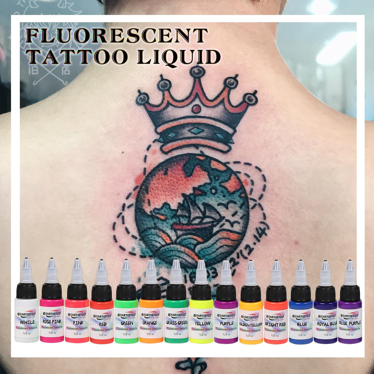 GTARTISTOO inks glowing under UV to highlight fluorescent effect at events