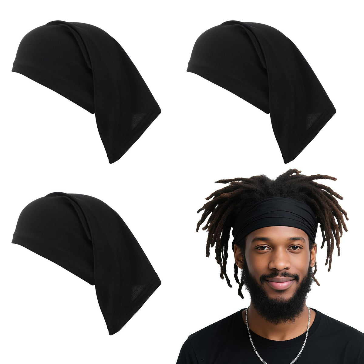 guduling front view of black dread cap showing neat fit and protection