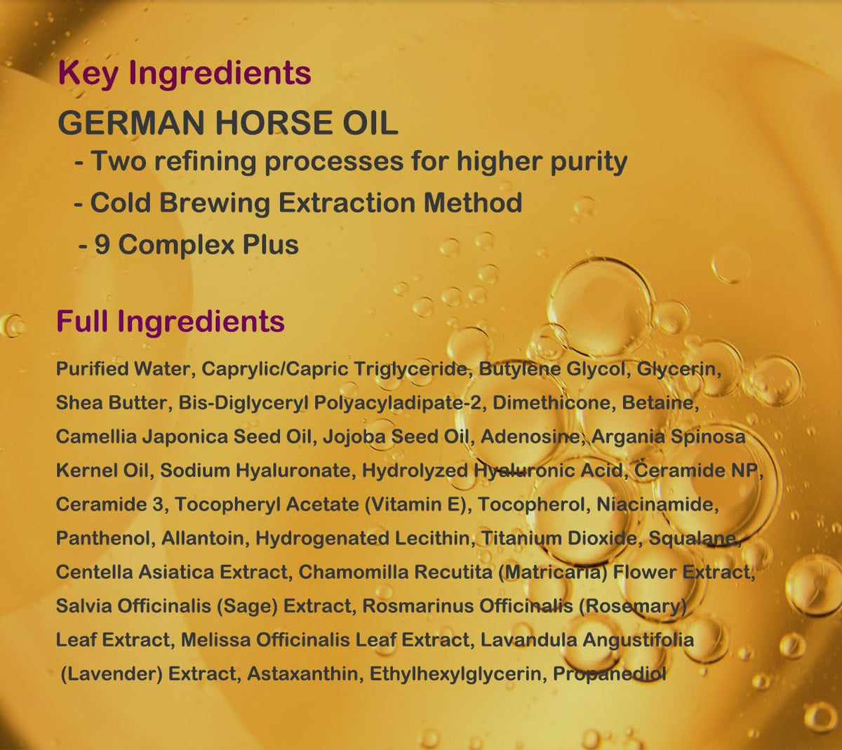 GUERISSON ingredient label highlighting horse oil and vitamins for nourishment