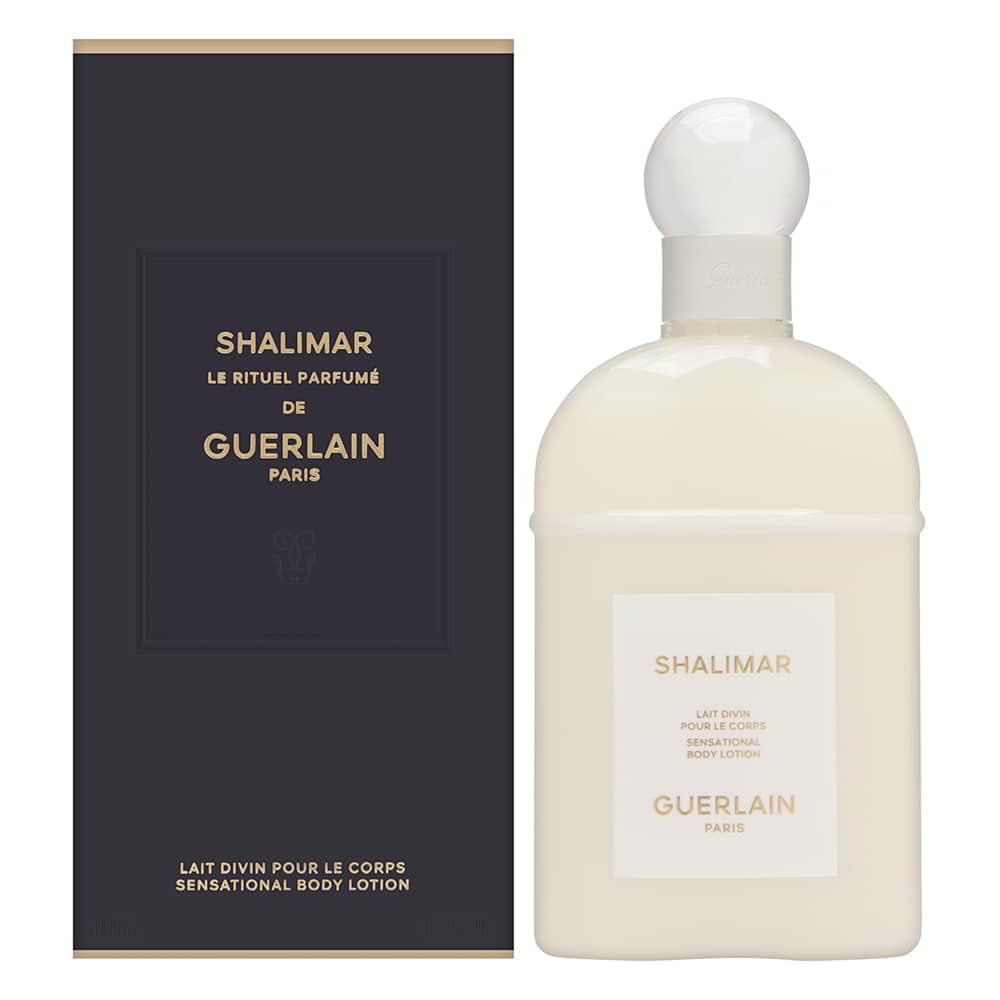 Guerlain Shalimar front bottle view showing elegant packaging and moisturising benefit