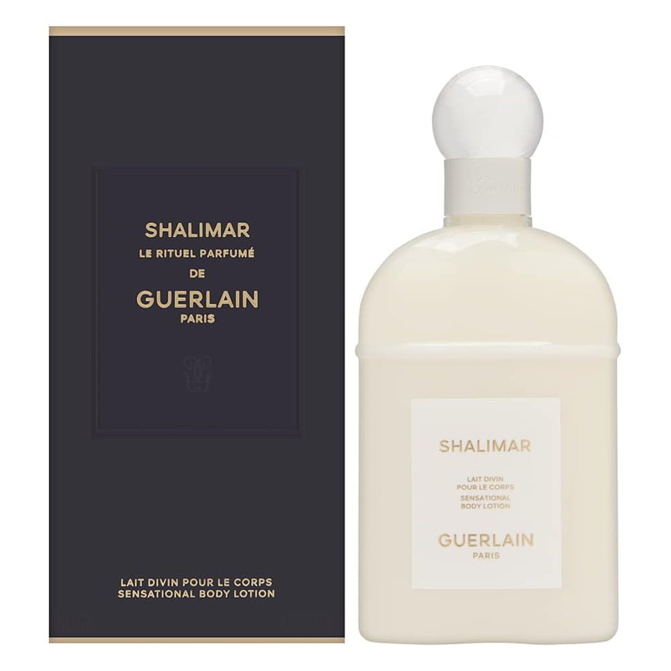 Guerlain Shalimar front bottle view showing elegant packaging and moisturising benefit