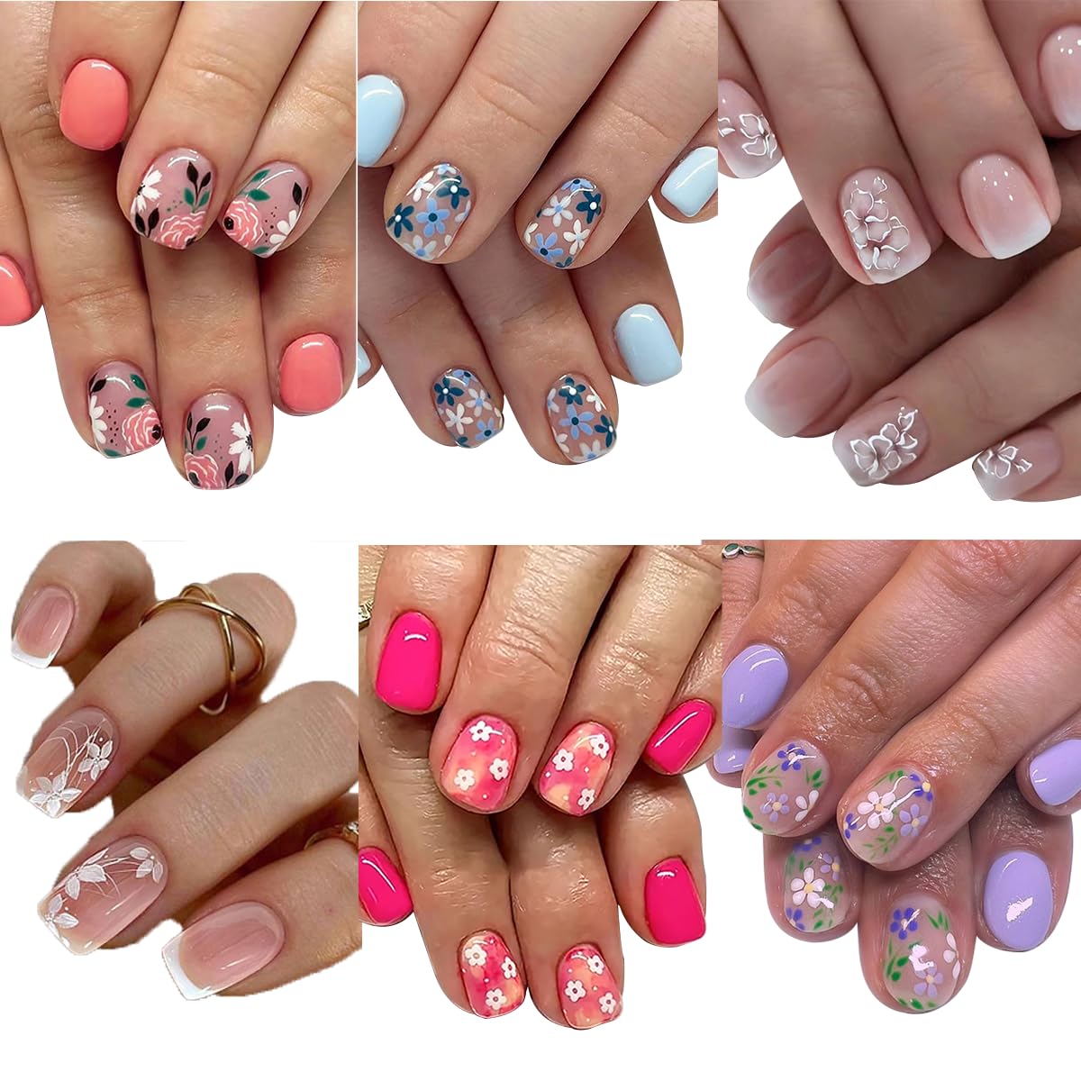 GUFUGU front packaging showing six floral press-on nail styles and included accessories