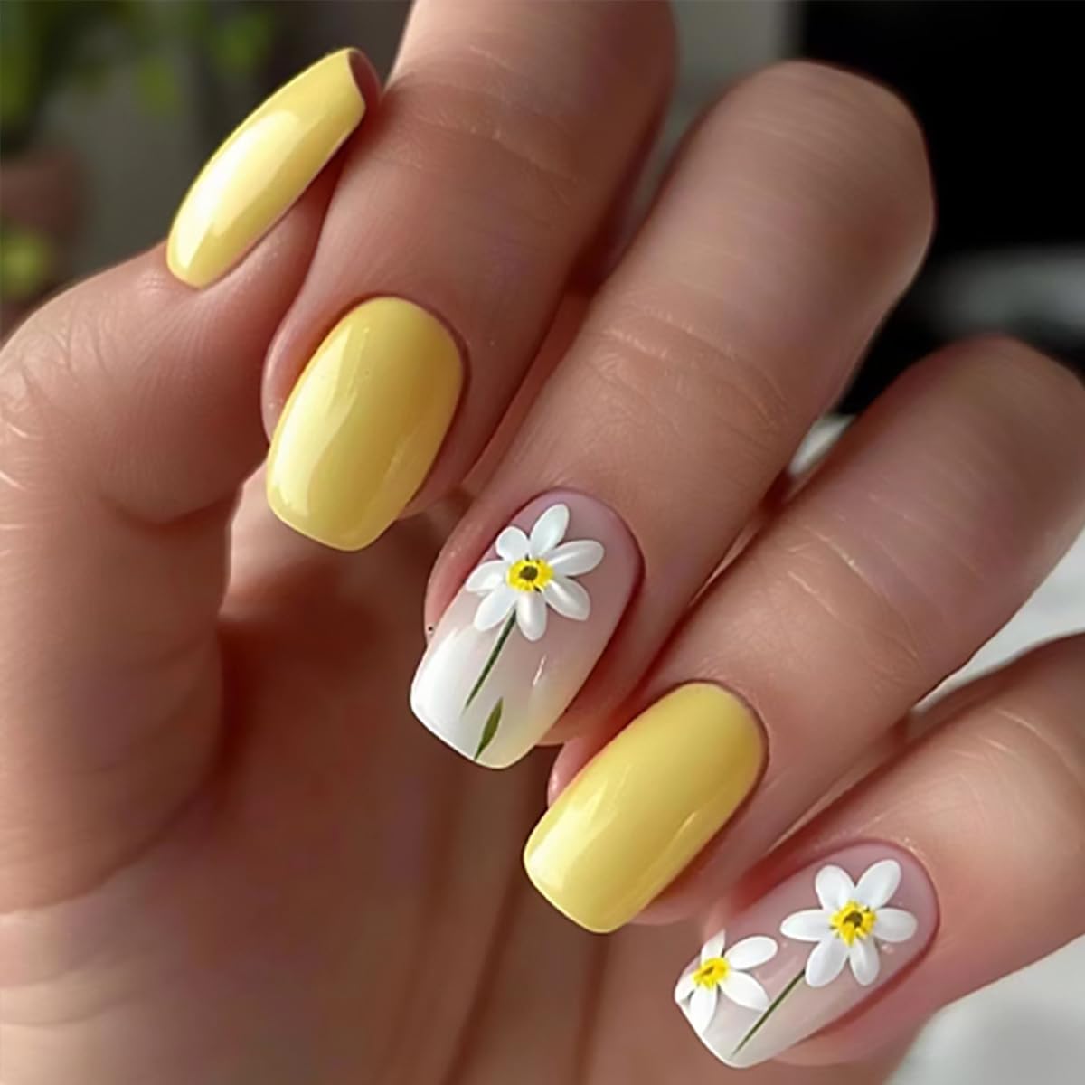 GUFUGU press-on nails on a hand to show short square size and realistic fit