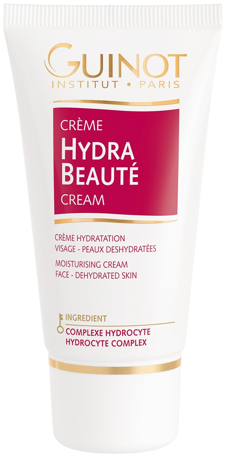 Guinot jar front view showing hydrating cream and smoother skin benefit