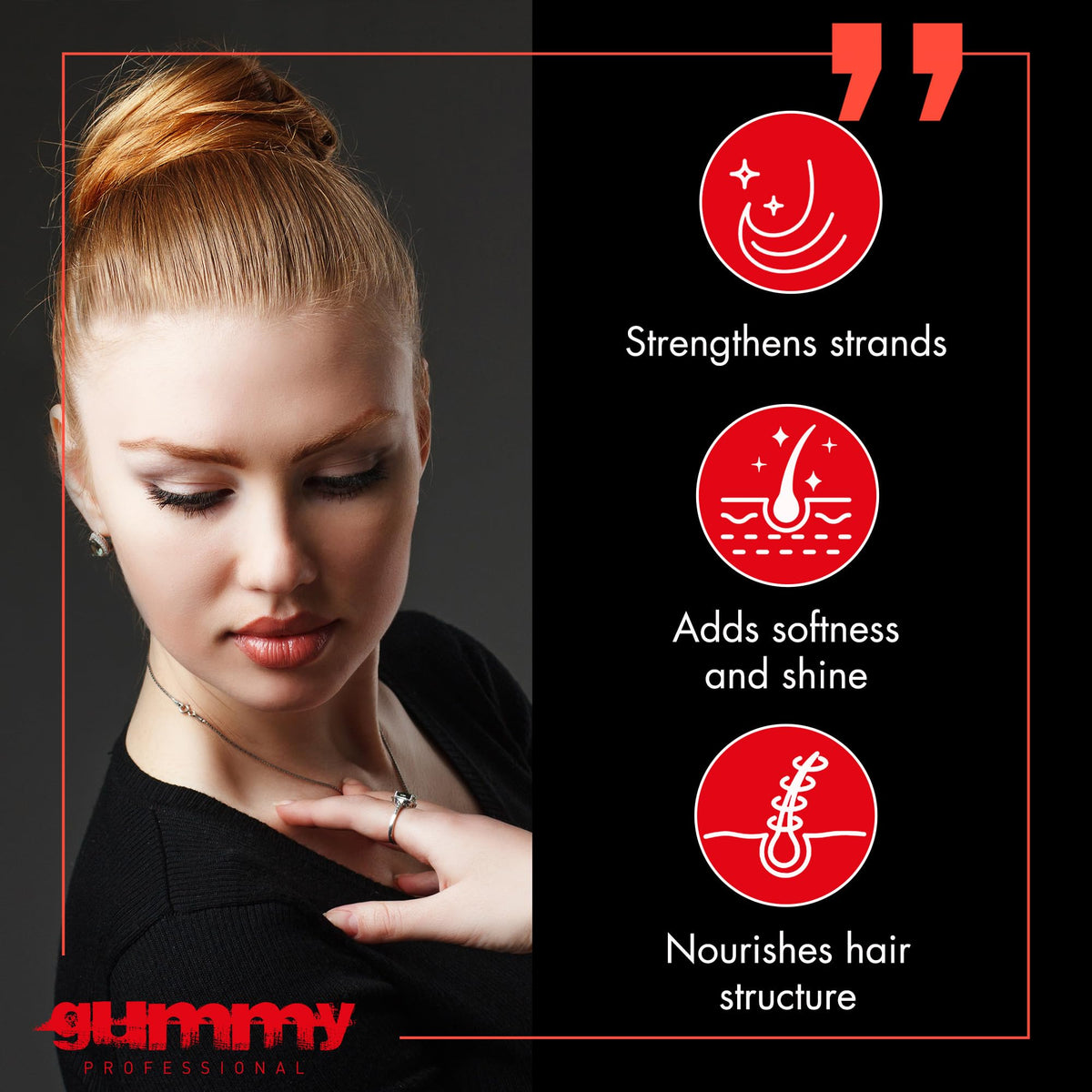 Gummy close-up label highlighting strong hold and clear finish benefits