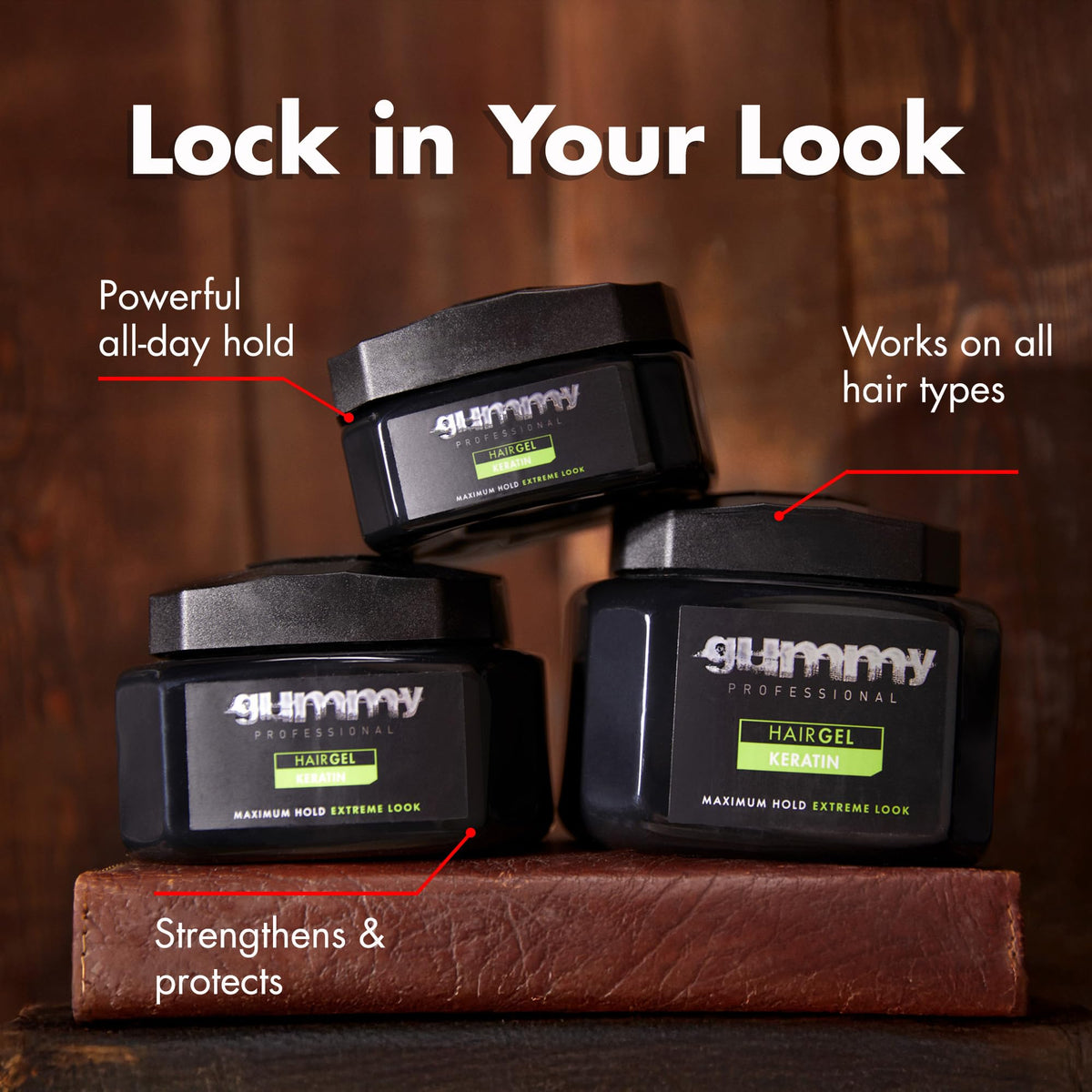 Gummy slick back style result with polished long-lasting hold