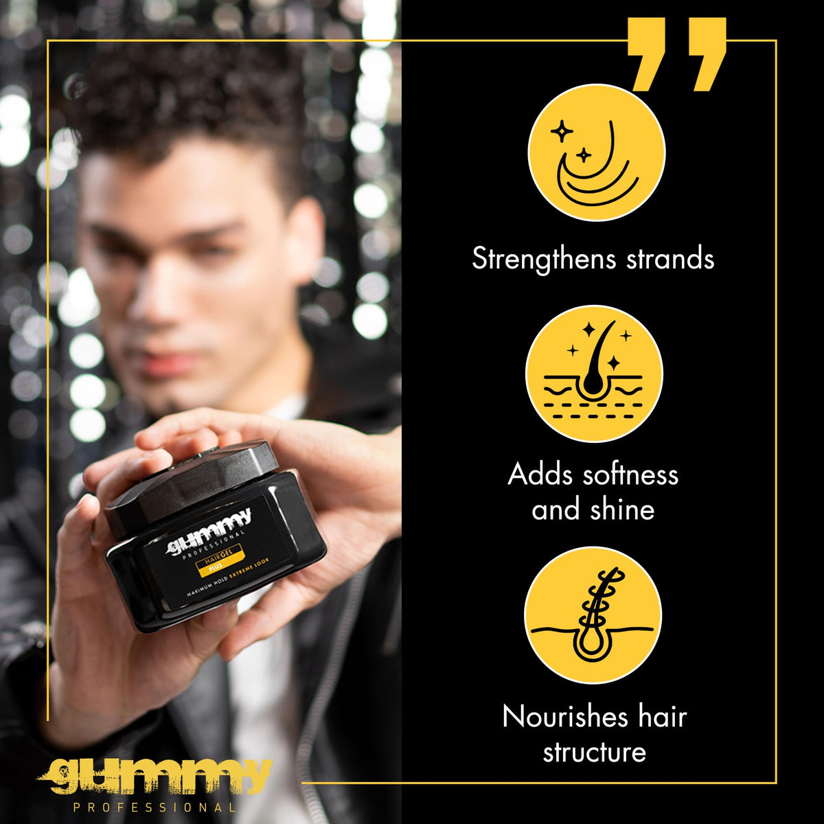 Gummy slick-back hairstyle in use showing strong hold and shine benefit