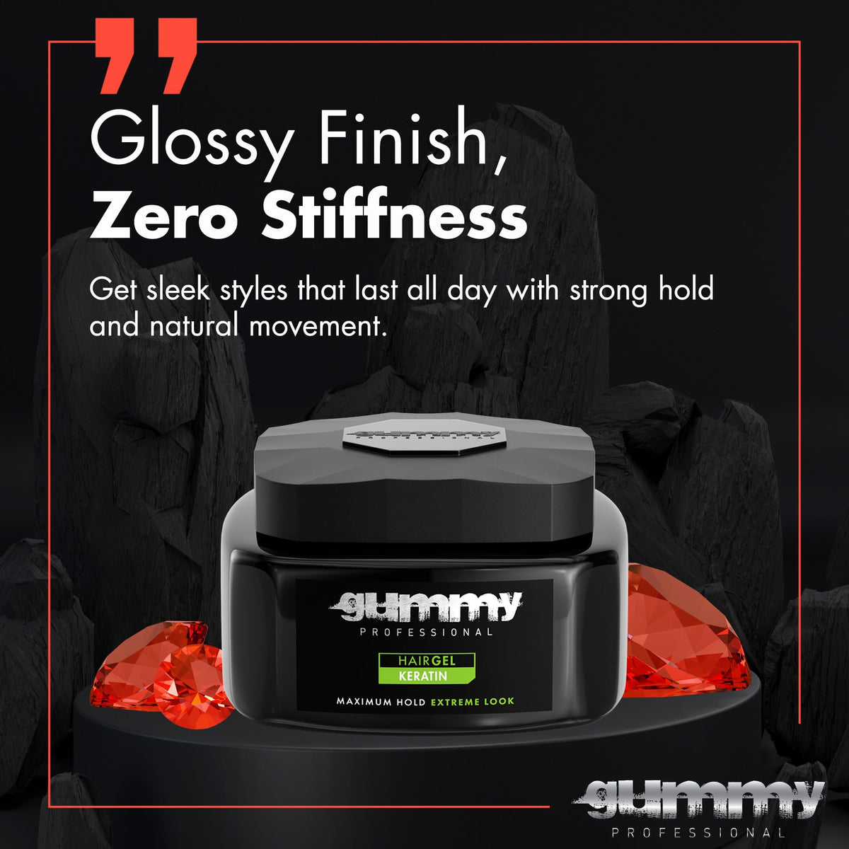 Gummy wet look shine finish demonstrating glossy, flexible hold