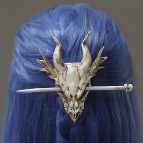 GuoShuang dragon skull in hair updo demonstrating secure hold and spooky style