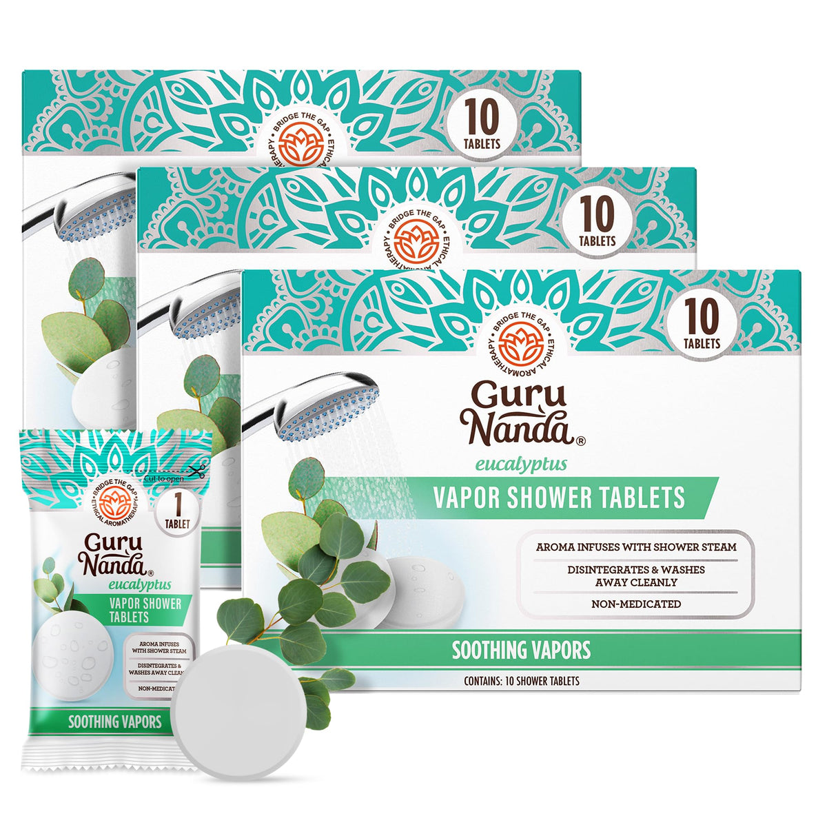 GuruNanda front packaging showing 30-count eucalyptus steamers and calming design benefit