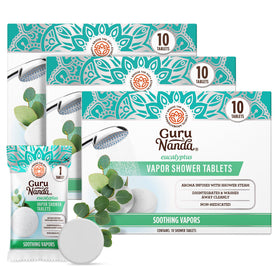 GuruNanda front packaging showing 30-count eucalyptus steamers and calming design benefit