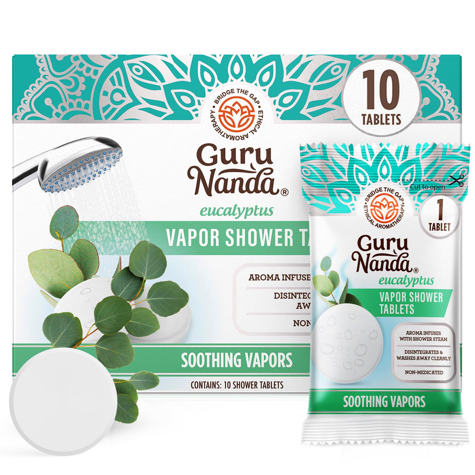 GuruNanda front packaging showing 10-count eucalyptus shower tablets for easy gifting