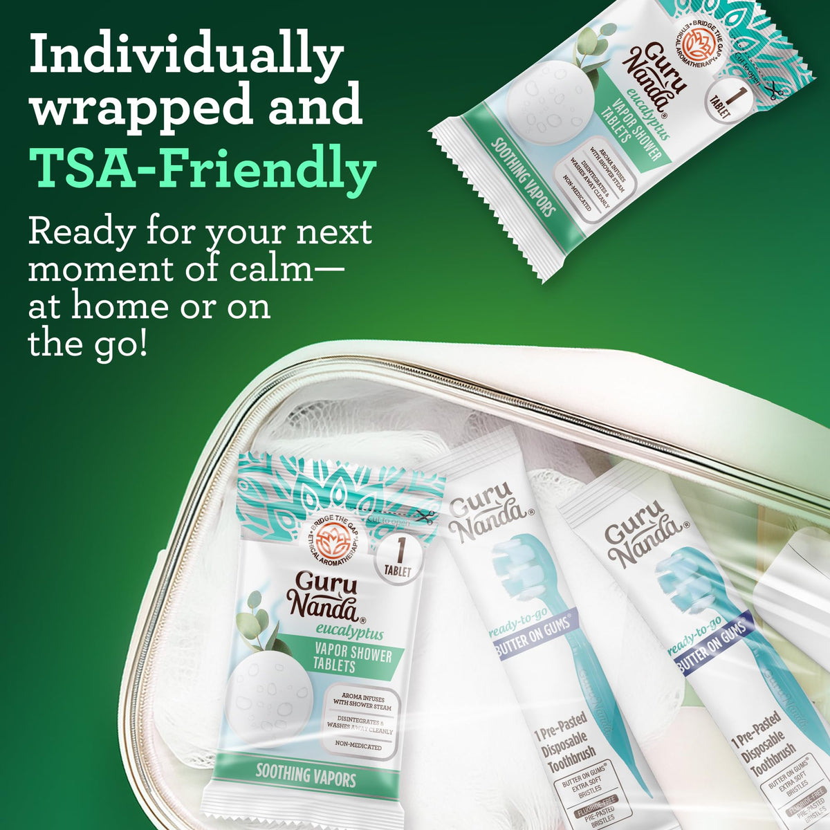GuruNanda individually wrapped tablet emphasizing portability and freshness benefit