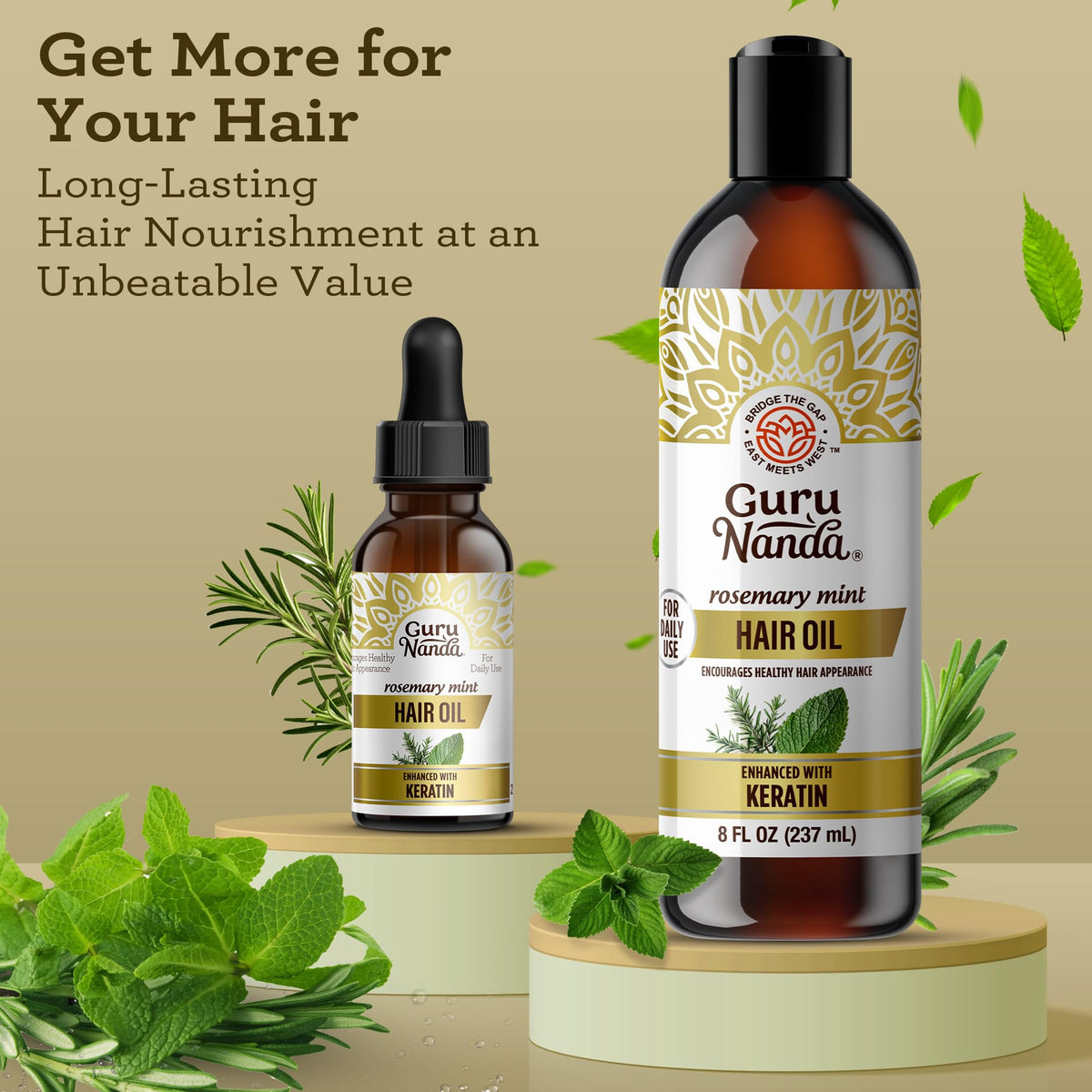 GuruNanda closeup label displaying keratin and vitamin E benefits clearly