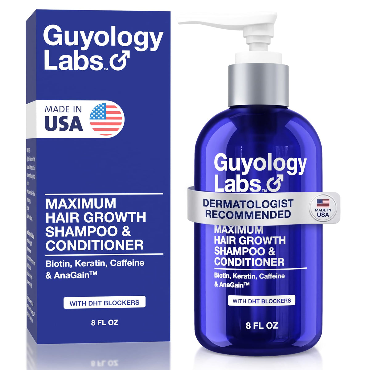 Guyology Labs front packaging showing shampoo and conditioner for fuller hair