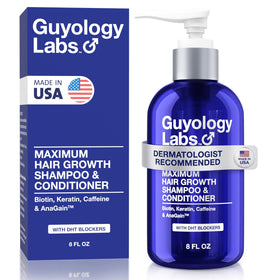 Guyology Labs front packaging showing shampoo and conditioner for fuller hair