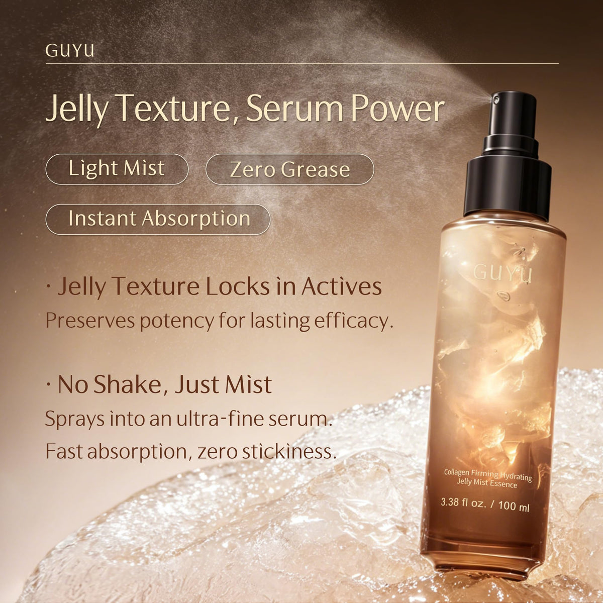 GUYU bottle in hand for scale showing 3.38 fl oz size benefit: travel-friendly