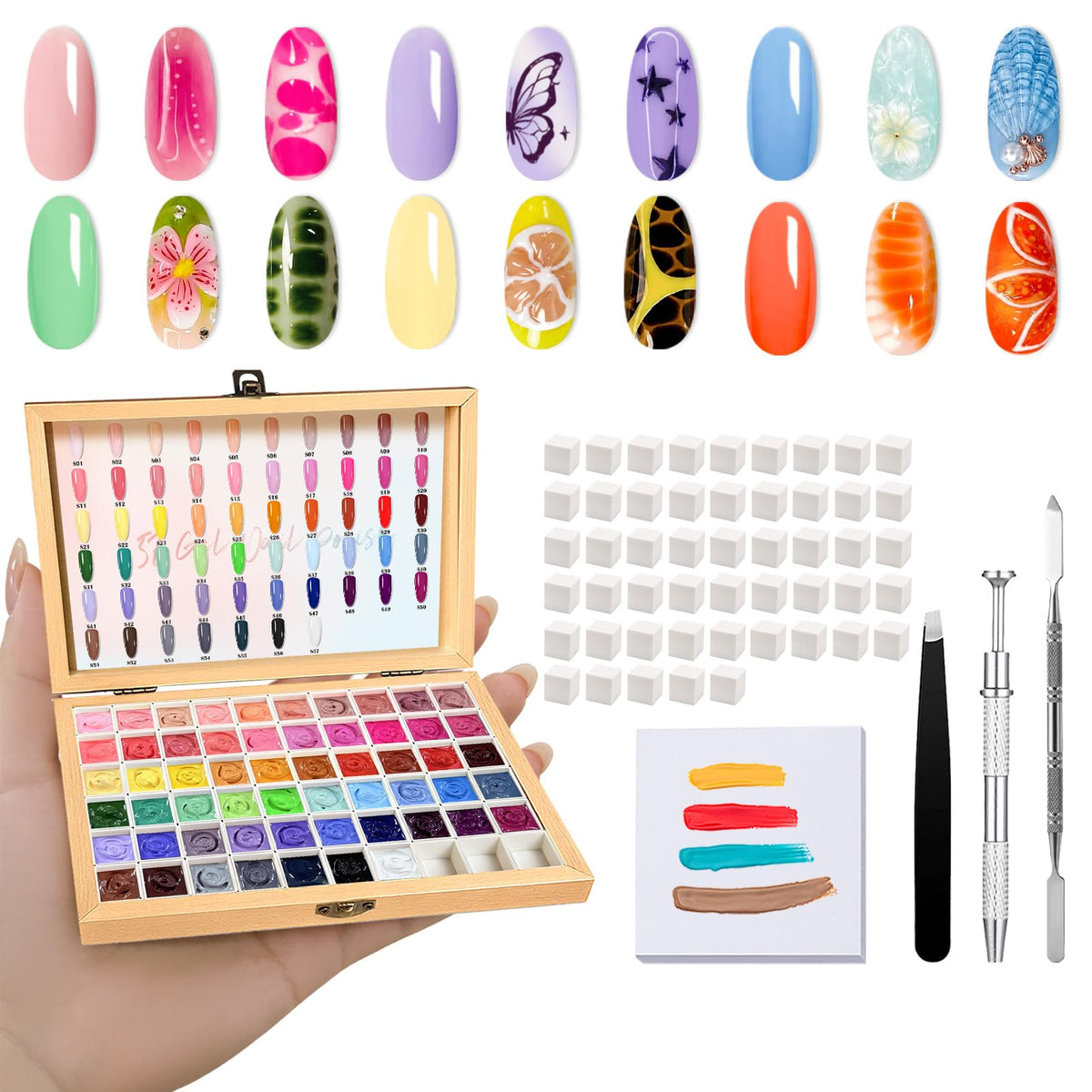 GZIXBDA wooden box open showing 57 mini gel pots and tools benefit easy storage