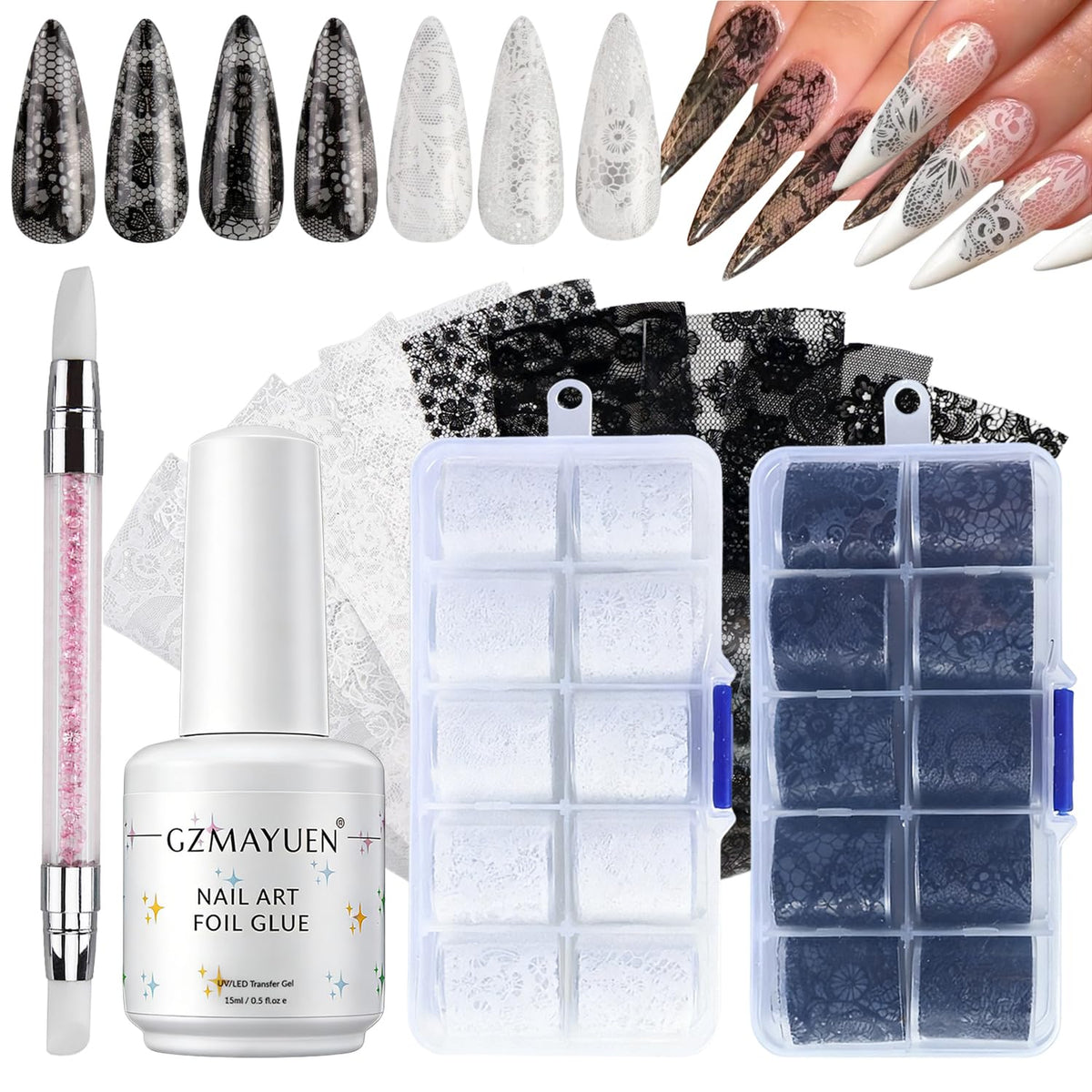 GZMAYUEN kit front packaging showing contents and lace patterns benefit quick setup