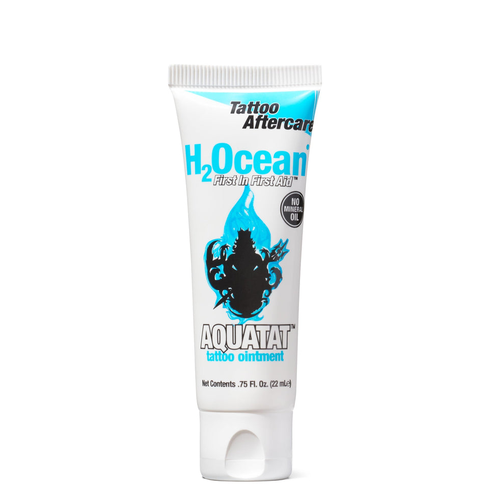 H2Ocean Aquatat front tube showing compact 0.75 oz packaging and clear branding for convenient aftercare
