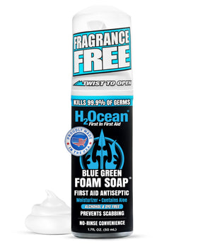 H2Ocean foam front packaging showing compact travel bottle and brand