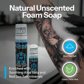 H2Ocean foam soap size comparison with hand to show compact 7 oz travel-friendly bottle