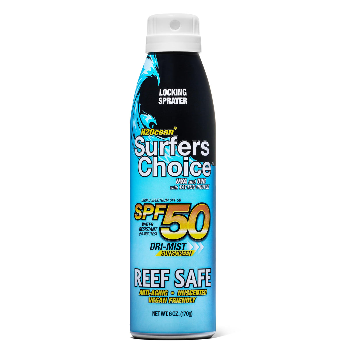 H2Ocean front packaging showing SPF 50 and quick-dry benefits