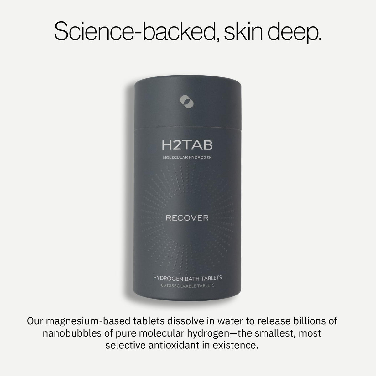 H2TAB tablet dissolving in bathwater illustrating hydrogen release and soothing effect