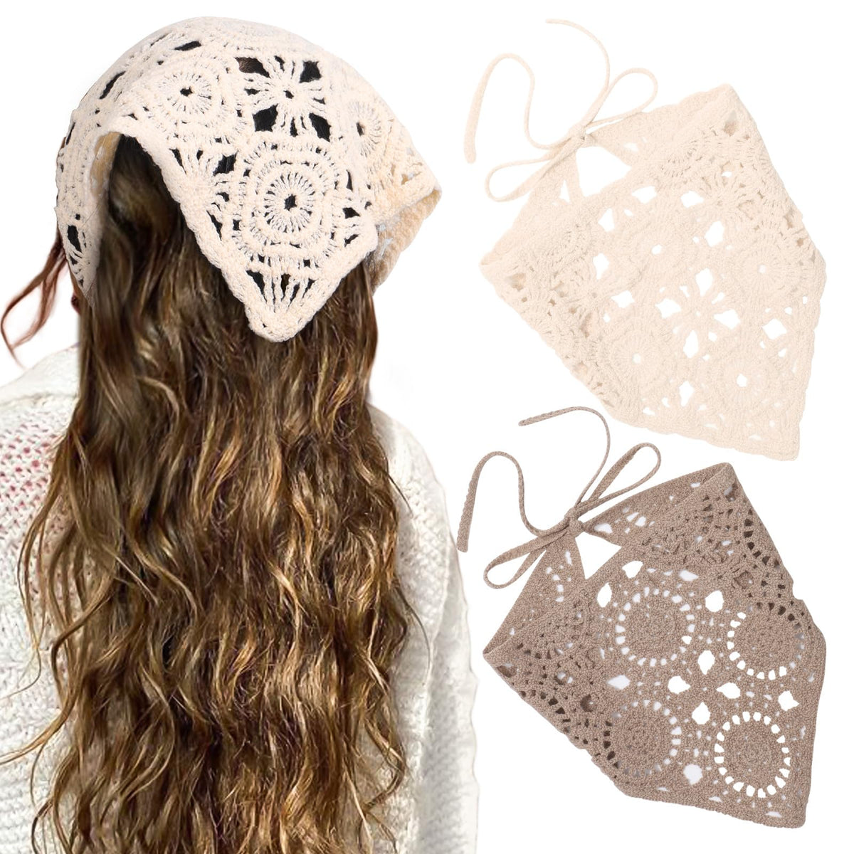 HAIMEIKANG front view of white and coffee crochet bandana, elegant accessory benefit
