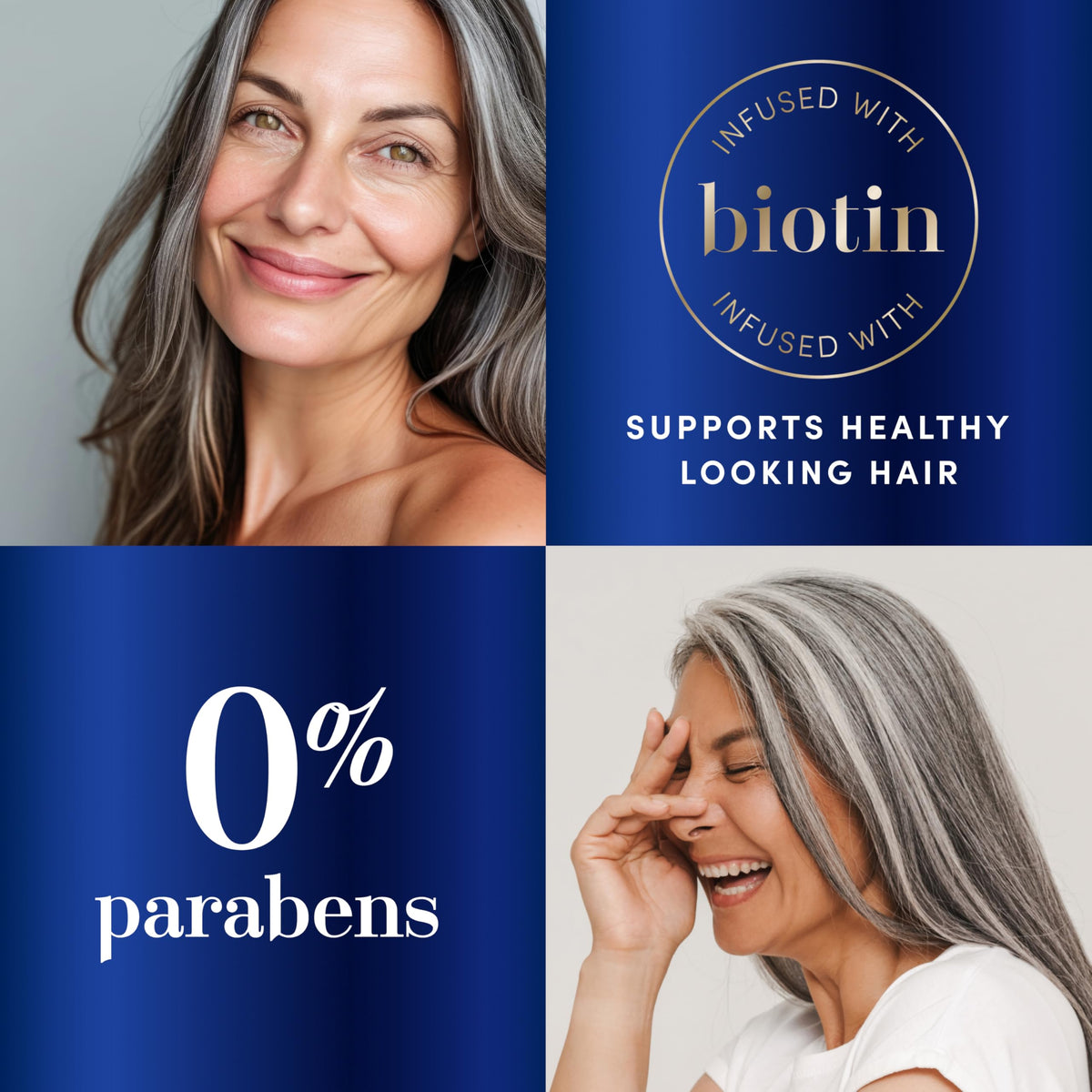 Hair Biology bottles beside biotin ingredient visuals supporting stronger-looking hair
