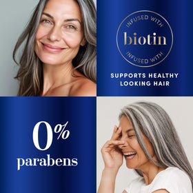 Hair Biology bottles beside biotin ingredient visuals supporting stronger-looking hair