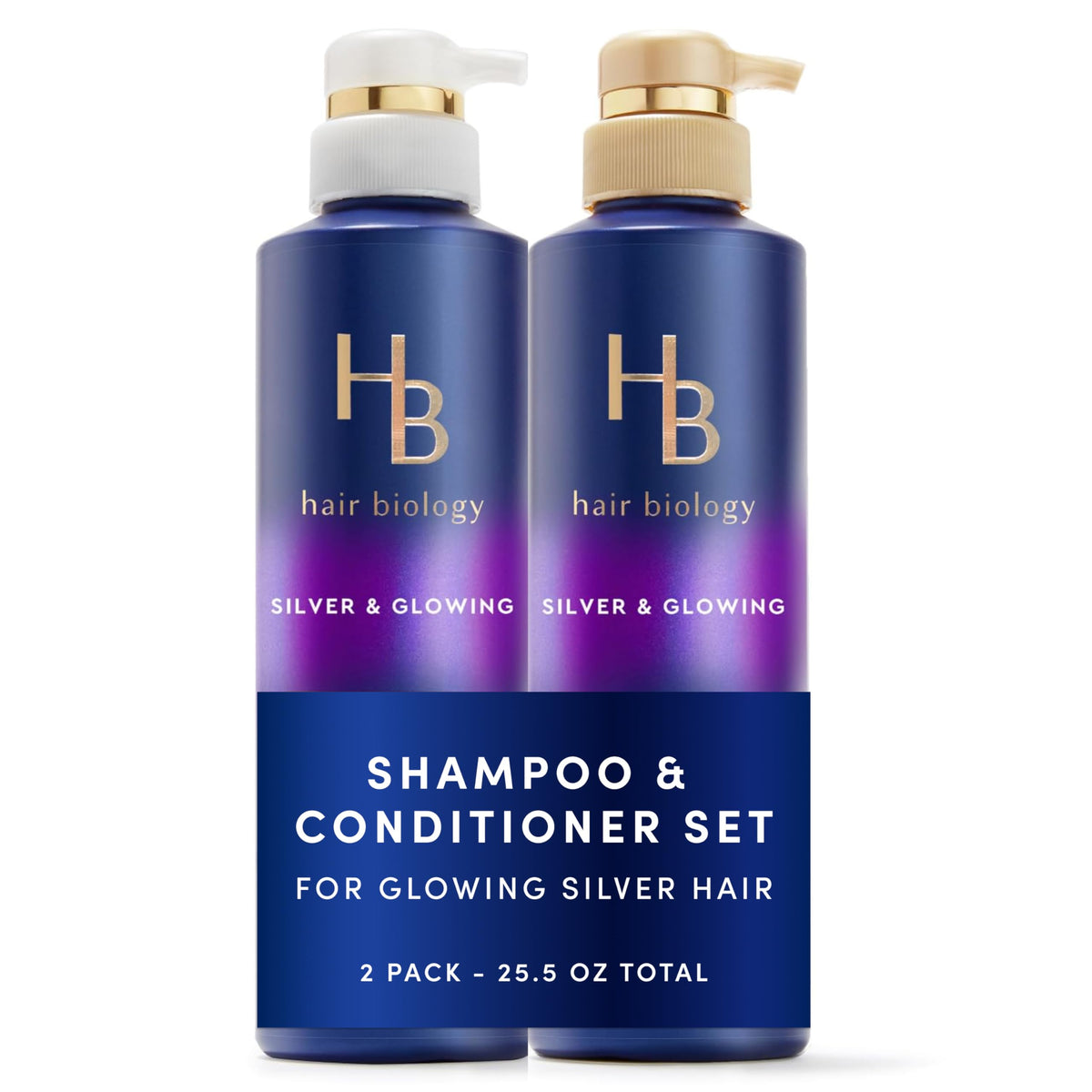 Hair Biology front packaging showing shampoo and conditioner refreshing silver tones