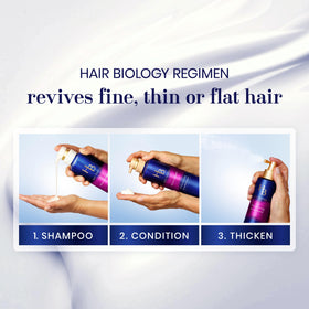 Hair Biology thickening treatment spray action showing even root coverage