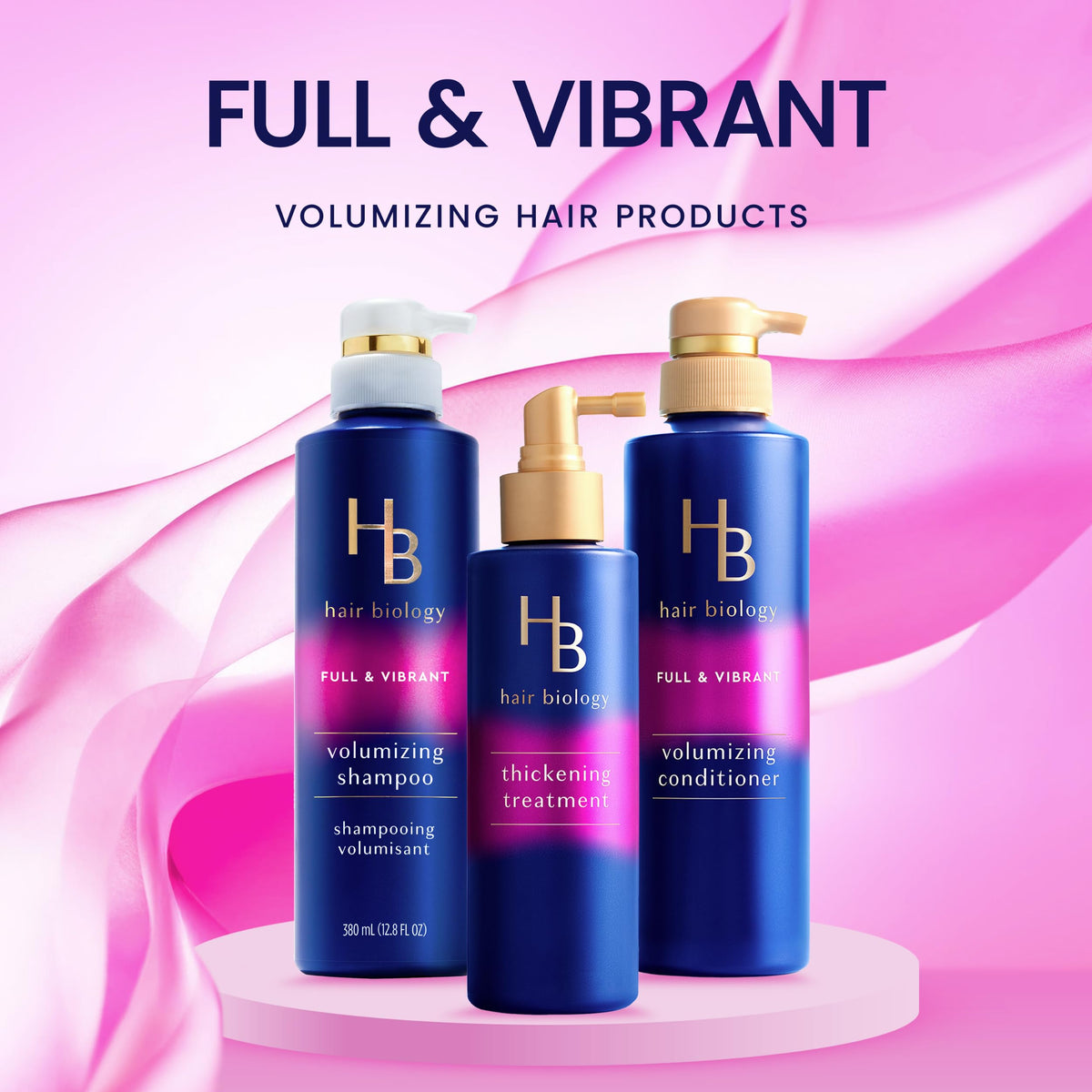 Hair Biology volumizing shampoo pump top demonstrating easy dispensing
