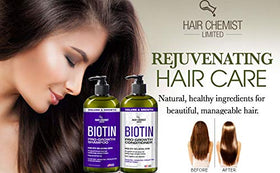 Hair Chemist label close-up highlighting biotin and gentle formulation benefits