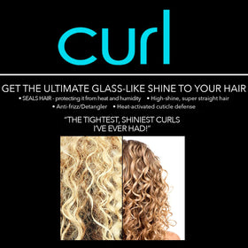 Hair Chemist mist dispersing on curly hair to show lightweight texture and shine
