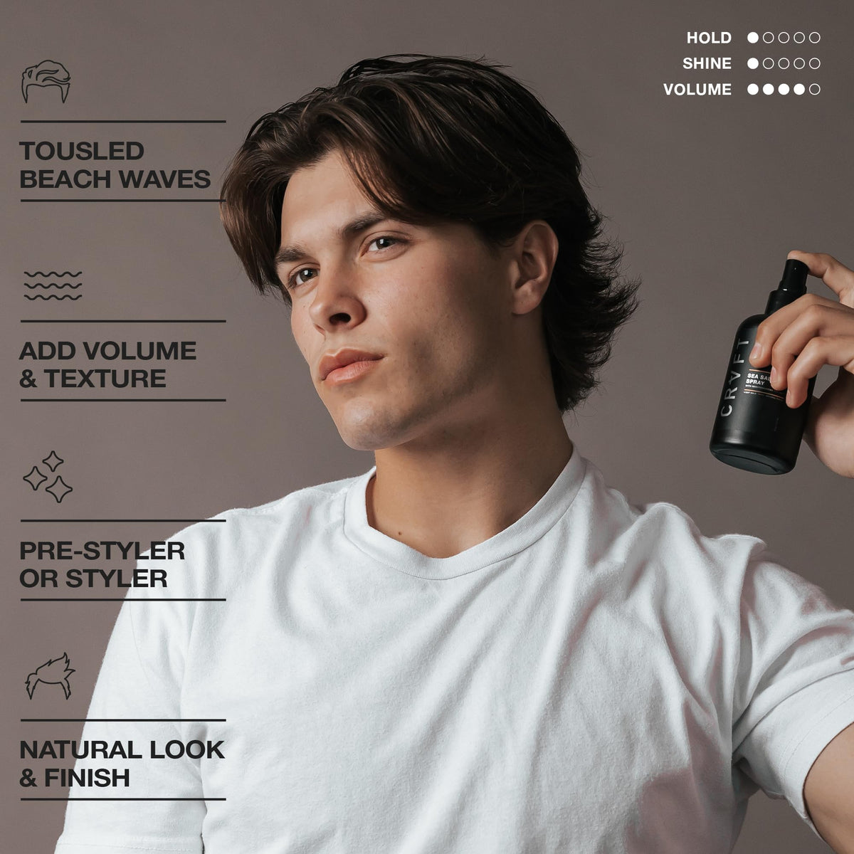 Model with tousled beachy waves after using Hair Craft Co. for added volume