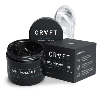 Hair Craft Co. jar front view showing clear CRVFT pomade and branding benefit: clean look