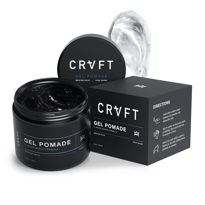 Hair Craft Co. jar front view showing clear CRVFT pomade and branding benefit: clean look